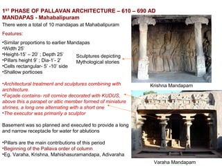 1ST
PHASE OF PALLAVAN ARCHITECTURE – 610 – 690 AD
MANDAPAS - Mahabalipuram
There were a total of 10 mandapas at Mahabalipuram
Features:
•Similar proportions to earlier Mandapas
•Width 25’
•Height-15’ – 20’ ; Depth 25’
•Pillars height 9’ ; Dia-1’- 2’
•Cells rectangular- 5’ -10’ side
•Shallow porticoes
•Architectural treatment and sculptures combining with
architecture.
•Façade contains- roll cornice decorated with KUDUS,
above this a parapet or attic member formed of miniature
shrines, a long one alternating with a short one
•The executor was primarily a sculptor
Basement was so planned and executed to provide a long
and narrow receptacle for water for ablutions
•Pillars are the main contributions of this period
•Beginning of the Pallava order of column
•Eg. Varaha, Krishna, Mahishasuramandapa, Adivaraha
Krishna Mandapam
Varaha Mandapam
Sculptures depicting
Mythological stories
 