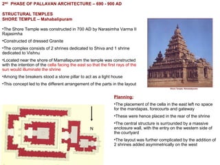2ND
PHASE OF PALLAVAN ARCHITECTURE – 690 - 900 AD
STRUCTURAL TEMPLES
SHORE TEMPLE – Mahabalipuram
•The Shore Temple was constructed in 700 AD by Narasimha Varma II
Rajasimha
•Constructed of dressed Granite
•The complex consists of 2 shrines dedicated to Shiva and 1 shrine
dedicated to Vishnu
•Located near the shore of Mamallapuram the temple was constructed
with the intention of the cella facing the east so that the first rays of the
sun would illuminate the shrine
•Among the breakers stood a stone pillar to act as a light house
•This concept led to the different arrangement of the parts in the layout
N
Planning:
•The placement of the cella in the east left no space
for the mandapas, forecourts and gateway
•These were hence placed in the rear of the shrine
•The central structure is surrounded by a massive
enclosure wall, with the entry on the western side of
the courtyard
•The layout was further complicated by the addition of
2 shrines added asymmetrically on the west
 