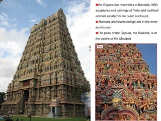 the Gopura too resembles a Mandala; With
sculptures and carvings of Yalis and mythical
animals located in the outer enclosure.
Humans and divine beings are in the inner
enclosures.
The peak of the Gopura, the Kalasha, is at
the centre of the Mandala
 