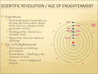 Copernicus Used mathematical principles to develop the heliocentric model of the universe (disproved the geocentric model) Challenged the Church on a scientific basis Opened the door for others to challenge  Age of Enlightenment Used reason to challenge government David Hume – Challenges the existence of God Deism – a new enlightened religion 