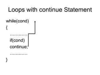 Loops with continue Statement while(cond) { ………… if(cond) continue; ………… } 