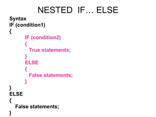 NESTED  IF… ELSE Syntax IF (condition1)  { IF (condition2)  { True statements; } ELSE { False statements; } } ELSE { False statements; } 
