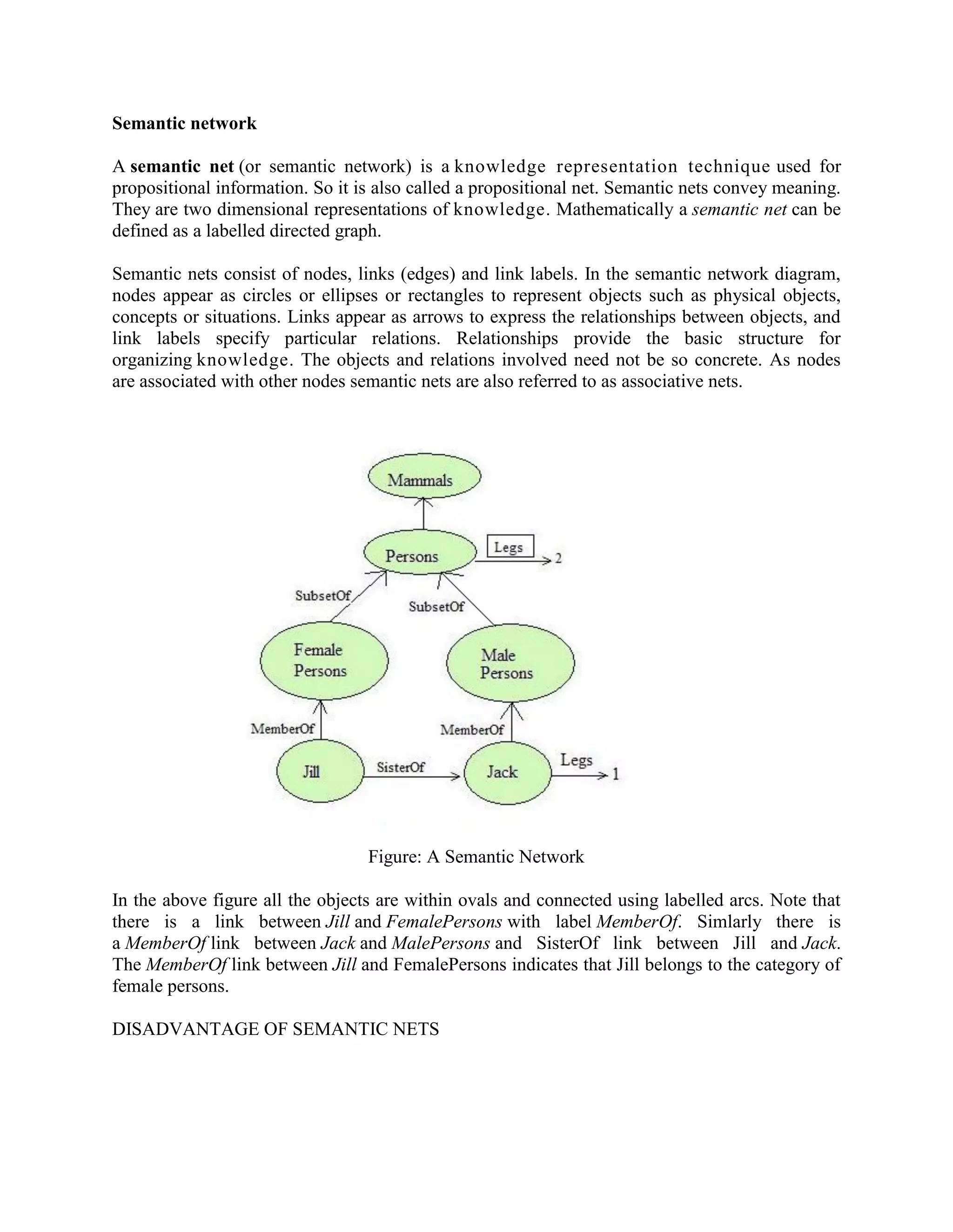 Semantic network
A semantic net (or semantic network) is a knowledge representation technique used for
propositional information. So it is also called a propositional net. Semantic nets convey meaning.
They are two dimensional representations of knowledge. Mathematically a semantic net can be
defined as a labelled directed graph.
Semantic nets consist of nodes, links (edges) and link labels. In the semantic network diagram,
nodes appear as circles or ellipses or rectangles to represent objects such as physical objects,
concepts or situations. Links appear as arrows to express the relationships between objects, and
link labels specify particular relations. Relationships provide the basic structure for
organizing knowledge. The objects and relations involved need not be so concrete. As nodes
are associated with other nodes semantic nets are also referred to as associative nets.
Figure: A Semantic Network
In the above figure all the objects are within ovals and connected using labelled arcs. Note that
there is a link between Jill and FemalePersons with label MemberOf. Simlarly there is
a MemberOf link between Jack and MalePersons and SisterOf link between Jill and Jack.
The MemberOf link between Jill and FemalePersons indicates that Jill belongs to the category of
female persons.
DISADVANTAGE OF SEMANTIC NETS
 