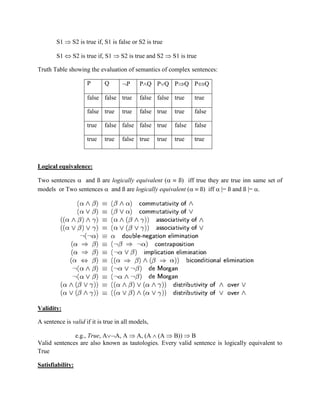 S1  S2 is true if, S1 is false or S2 is true
S1  S2 is true if, S1  S2 is true and S2  S1 is true
Truth Table showing the evaluation of semantics of complex sentences:
P Q P PQ PQ PQ PQ
false false true false false true true
false true true false true true false
true false false false true false false
true true false true true true true
Logical equivalence:
Two sentences  and ß are logically equivalent (  ß) iff true they are true inn same set of
models or Two sentences  and ß are logically equivalent (  ß) iff  |= ß and ß |= .
Validity:
A sentence is valid if it is true in all models,
e.g., True, AA, A  A, (A  (A  B))  B
Valid sentences are also known as tautologies. Every valid sentence is logically equivalent to
True
Satisfiability:
 