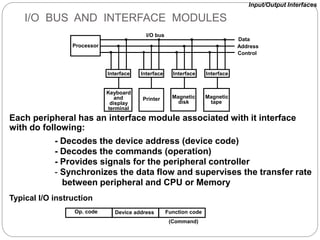 I/O BUS AND INTERFACE MODULES
Each peripheral has an interface module associated with it interface
with do following:
- Decodes the device address (device code)
- Decodes the commands (operation)
- Provides signals for the peripheral controller
- Synchronizes the data flow and supervises the transfer rate
between peripheral and CPU or Memory
Typical I/O instruction
(Command)
Op. code Device address Function code
Input/Output Interfaces
Processor
Interface
Keyboard
and
display
terminal
Magnetic
tape
Printer
Interface Interface Interface
Data
Address
Control
Magnetic
disk
I/O bus
 