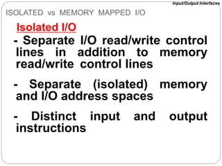 ISOLATED vs MEMORY MAPPED I/O
- Separate I/O read/write control
lines in addition to memory
read/write control lines
- Separate (isolated) memory
and I/O address spaces
- Distinct input and output
instructions
Isolated I/O
Input/Output Interfaces
 