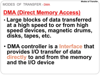MODES OF TRANSFER - DMA
DMA (Direct Memory Access)
• Large blocks of data transferred
at a high speed to or from high
speed devices, magnetic drums,
disks, tapes, etc.
• DMA controller is a Interface that
provides I/O transfer of data
directly to and from the memory
and the I/O device
Modes of Transfer
 