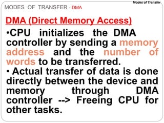 MODES OF TRANSFER - DMA
DMA (Direct Memory Access)
•CPU initializes the DMA
controller by sending a memory
address and the number of
words to be transferred.
• Actual transfer of data is done
directly between the device and
memory through DMA
controller --> Freeing CPU for
other tasks.
Modes of Transfer
 