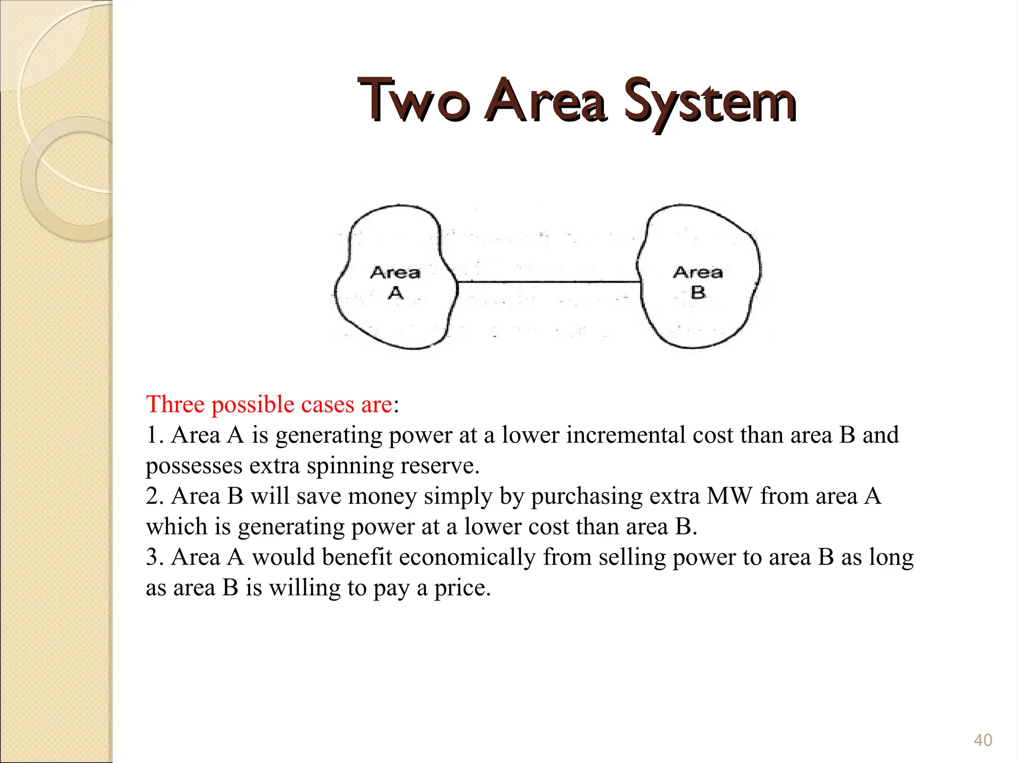 Two Area System
Two Area System
40
Three possible cases are:
1. Area A is generating power at a lower incremental cost than area B and
possesses extra spinning reserve.
2. Area B will save money simply by purchasing extra MW from area A
which is generating power at a lower cost than area B.
3. Area A would benefit economically from selling power to area B as long
as area B is willing to pay a price.
 