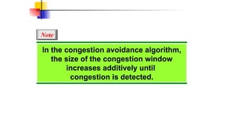 In the congestion avoidance algorithm,
the size of the congestion window
increases additively until
congestion is detected.
Note
 