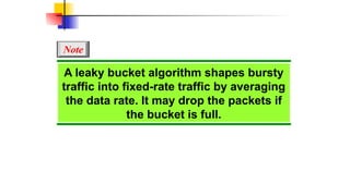 A leaky bucket algorithm shapes bursty
traffic into fixed-rate traffic by averaging
the data rate. It may drop the packets if
the bucket is full.
Note
 