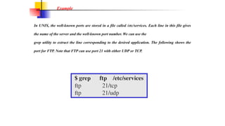In UNIX, the well-known ports are stored in a file called /etc/services. Each line in this file gives
the name of the server and the well-known port number. We can use the
grep utility to extract the line corresponding to the desired application. The following shows the
port for FTP. Note that FTP can use port 21 with either UDP or TCP.
Example
 