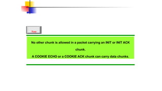No other chunk is allowed in a packet carrying an INIT or INIT ACK
chunk.
A COOKIE ECHO or a COOKIE ACK chunk can carry data chunks.
Note
 