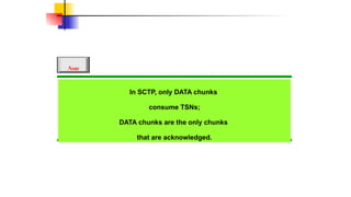 In SCTP, only DATA chunks
consume TSNs;
DATA chunks are the only chunks
that are acknowledged.
Note
 