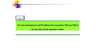 The acknowledgment in SCTP defines the cumulative TSN, the TSN of
the last data chunk received in order.
Note
 