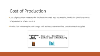 Cost of Production
•Cost of production refers to the total cost incurred by a business to produce a specific quantity
of a product or offer a service
•Production costs may include things such as labor, raw materials, or consumable supplies
 