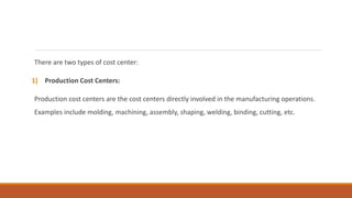 There are two types of cost center:
1) Production Cost Centers:
Production cost centers are the cost centers directly involved in the manufacturing operations.
Examples include molding, machining, assembly, shaping, welding, binding, cutting, etc.
 