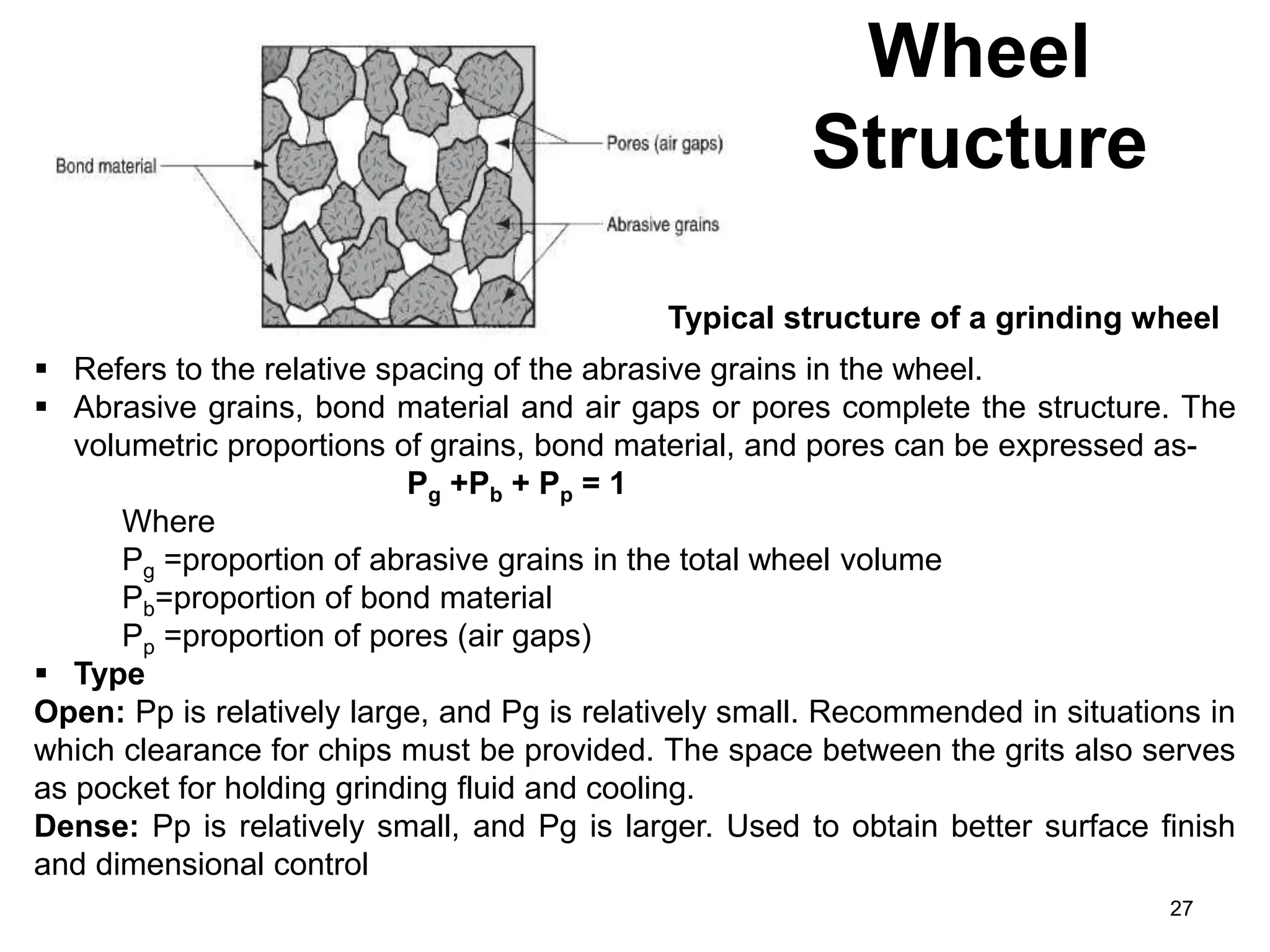 Wheel
Structure
27
 Refers to the relative spacing of the abrasive grains in the wheel.
 Abrasive grains, bond material and air gaps or pores complete the structure. The
volumetric proportions of grains, bond material, and pores can be expressed as-
Pg +Pb + Pp = 1
Where
Pg =proportion of abrasive grains in the total wheel volume
Pb=proportion of bond material
Pp =proportion of pores (air gaps)
 Type
Open: Pp is relatively large, and Pg is relatively small. Recommended in situations in
which clearance for chips must be provided. The space between the grits also serves
as pocket for holding grinding fluid and cooling.
Dense: Pp is relatively small, and Pg is larger. Used to obtain better surface finish
and dimensional control
Typical structure of a grinding wheel
 