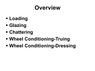 Overview
 Loading
 Glazing
 Chattering
 Wheel Conditioning-Truing
 Wheel Conditioning-Dressing
 