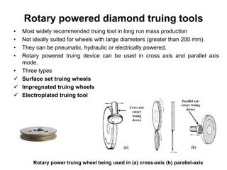 Rotary powered diamond truing tools
• Most widely recommended truing tool in long run mass production
• Not ideally suited for wheels with large diameters (greater than 200 mm).
• They can be pneumatic, hydraulic or electrically powered.
• Rotary powered truing device can be used in cross axis and parallel axis
mode.
• Three types
 Surface set truing wheels
 Impregnated truing wheels
 Electroplated truing tool
Rotary power truing wheel being used in (a) cross-axis (b) parallel-axis
 