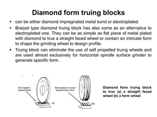 Diamond form truing blocks
 can be either diamond impregnated metal bond or electroplated.
 Brazed type diamond truing block has also come as an alternative to
electroplated one. They can be as simple as flat piece of metal plated
with diamond to true a straight faced wheel or contain an intricate form
to shape the grinding wheel to design profile.
 Truing block can eliminate the use of self propelled truing wheels and
are used almost exclusively for horizontal spindle surface grinder to
generate specific form.
Diamond form truing block
to true (a) a straight faced
wheel (b) a form wheel
 