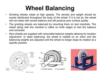 Wheel Balancing
• Grinding wheels rotate at high speeds. The density and weight should be
evenly distributed throughout the body of the wheel. If it is not so, the wheel
will not rotate with correct balance and will produce poor surface quality.
• The grinding wheels are balanced by mounting them on test mandrels. The
wheel along with the mandrel is rolled on knife edges to test the balance
and corrected.
• New wheels are supplied with removable balance weights allowing for location
adjustment. In static balancing, the wheel is rotated on an arbor and the
balancing weights are adjusted until the wheel no longer stops its rotation at a
specific position.
 