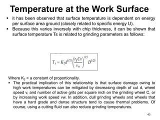 Temperature at the Work Surface
43
 it has been observed that surface temperature is dependent on energy
per surface area ground (closely related to specific energy U).
 Because this varies inversely with chip thickness, it can be shown that
surface temperature Ts is related to grinding parameters as follows:
Where K2 = a constant of proportionality.
 The practical implication of this relationship is that surface damage owing to
high work temperatures can be mitigated by decreasing depth of cut d, wheel
speed v, and number of active grits per square inch on the grinding wheel C, or
by increasing work speed vw. In addition, dull grinding wheels and wheels that
have a hard grade and dense structure tend to cause thermal problems. Of
course, using a cutting fluid can also reduce grinding temperatures.
 