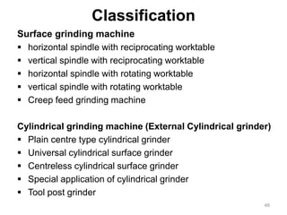Classification
Surface grinding machine
 horizontal spindle with reciprocating worktable
 vertical spindle with reciprocating worktable
 horizontal spindle with rotating worktable
 vertical spindle with rotating worktable
 Creep feed grinding machine
Cylindrical grinding machine (External Cylindrical grinder)
 Plain centre type cylindrical grinder
 Universal cylindrical surface grinder
 Centreless cylindrical surface grinder
 Special application of cylindrical grinder
 Tool post grinder
48
 