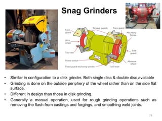 Snag Grinders
• Similar in configuration to a disk grinder. Both single disc & double disc available
• Grinding is done on the outside periphery of the wheel rather than on the side flat
surface.
• Different in design than those in disk grinding.
• Generally a manual operation, used for rough grinding operations such as
removing the flash from castings and forgings, and smoothing weld joints.
78
 