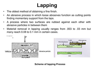 Lapping
• The oldest method of obtaining a fine finish.
• An abrasive process in which loose abrasives function as cutting points
finding momentary support from the laps.
• A process where two surfaces are rubbed against each other with
abrasive particles in between them
• Material removal in lapping usually ranges from .003 to .03 mm but
many reach 0.08 to 0.1 mm in certain cases.
Scheme of lapping Process
 