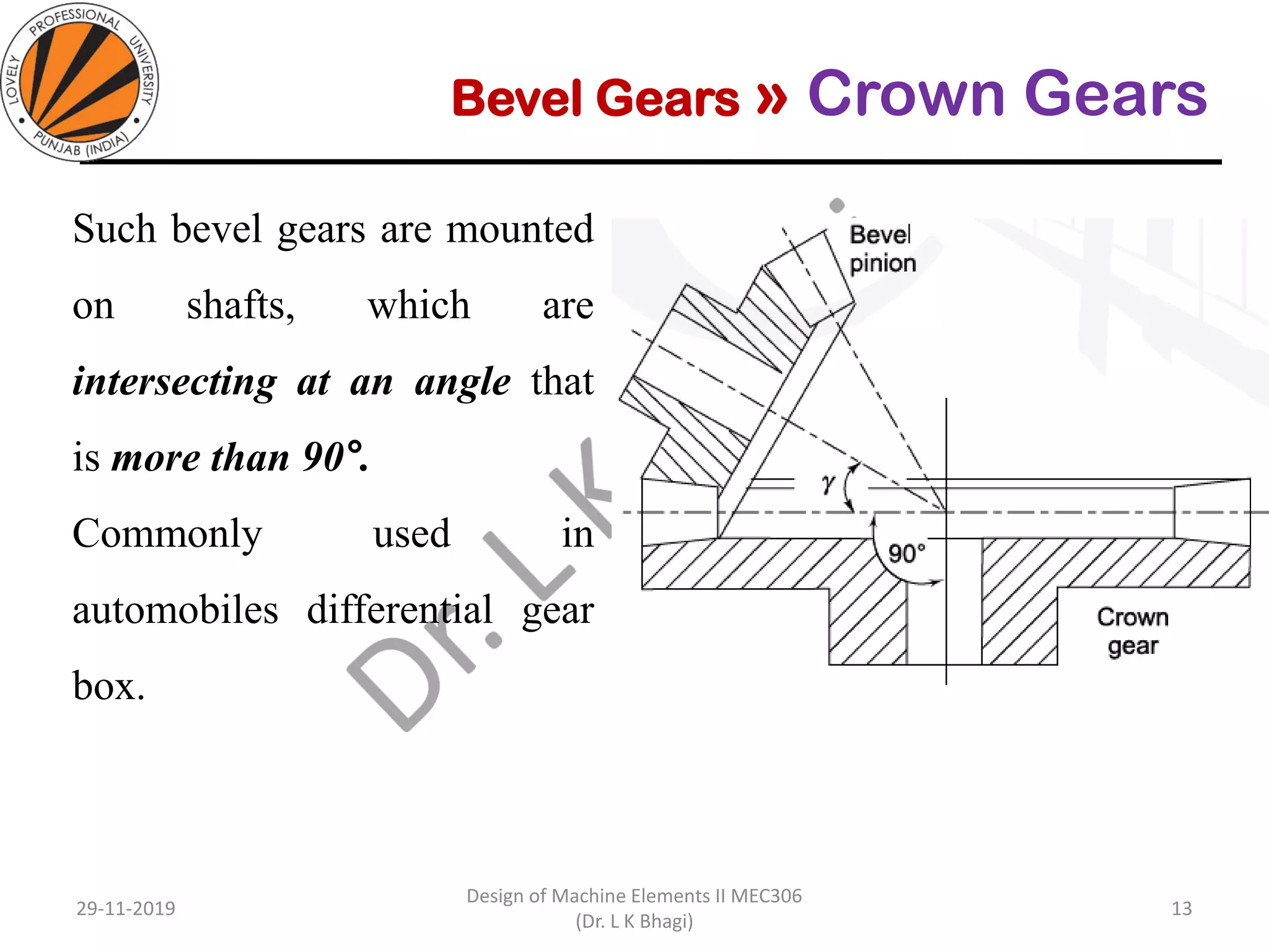 Bevel Gears » Crown Gears
Such bevel gears are mounted
on shafts, which are
intersecting at an angle that
is more than 90°.
Commonly used in
automobiles differential gear
box.
29-11-2019
Design of Machine Elements II MEC306
(Dr. L K Bhagi)
13
 