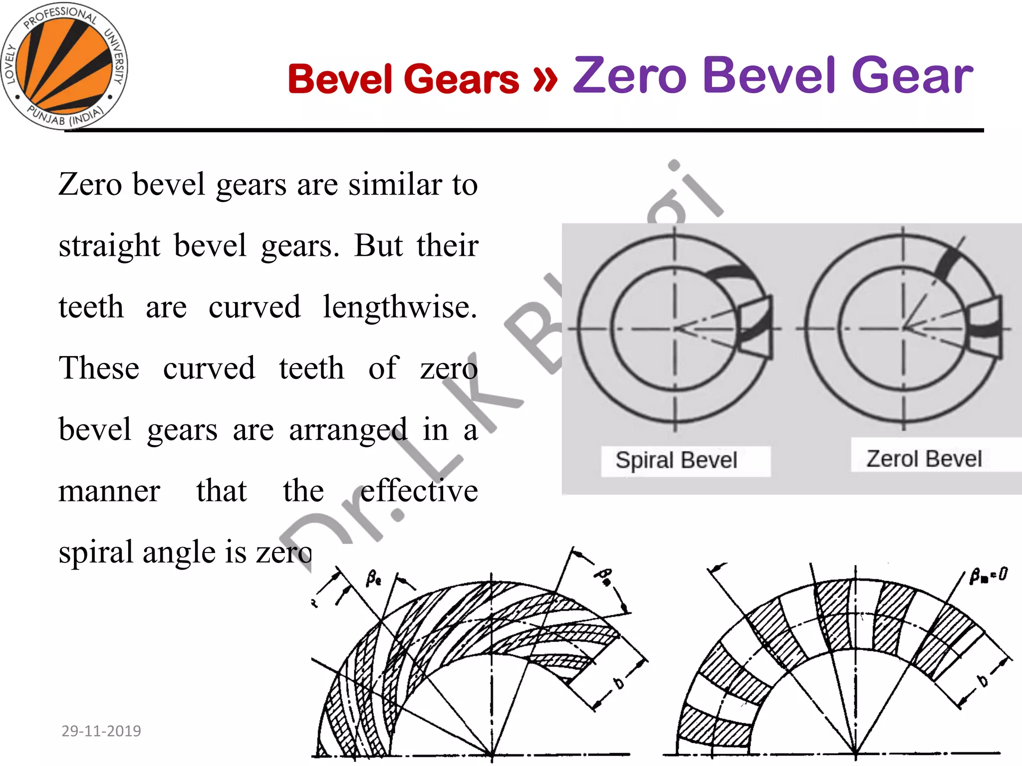 Bevel Gears » Zero Bevel Gear
Zero bevel gears are similar to
straight bevel gears. But their
teeth are curved lengthwise.
These curved teeth of zero
bevel gears are arranged in a
manner that the effective
spiral angle is zero.
29-11-2019
Design of Machine Elements II MEC306
(Dr. L K Bhagi)
20
 