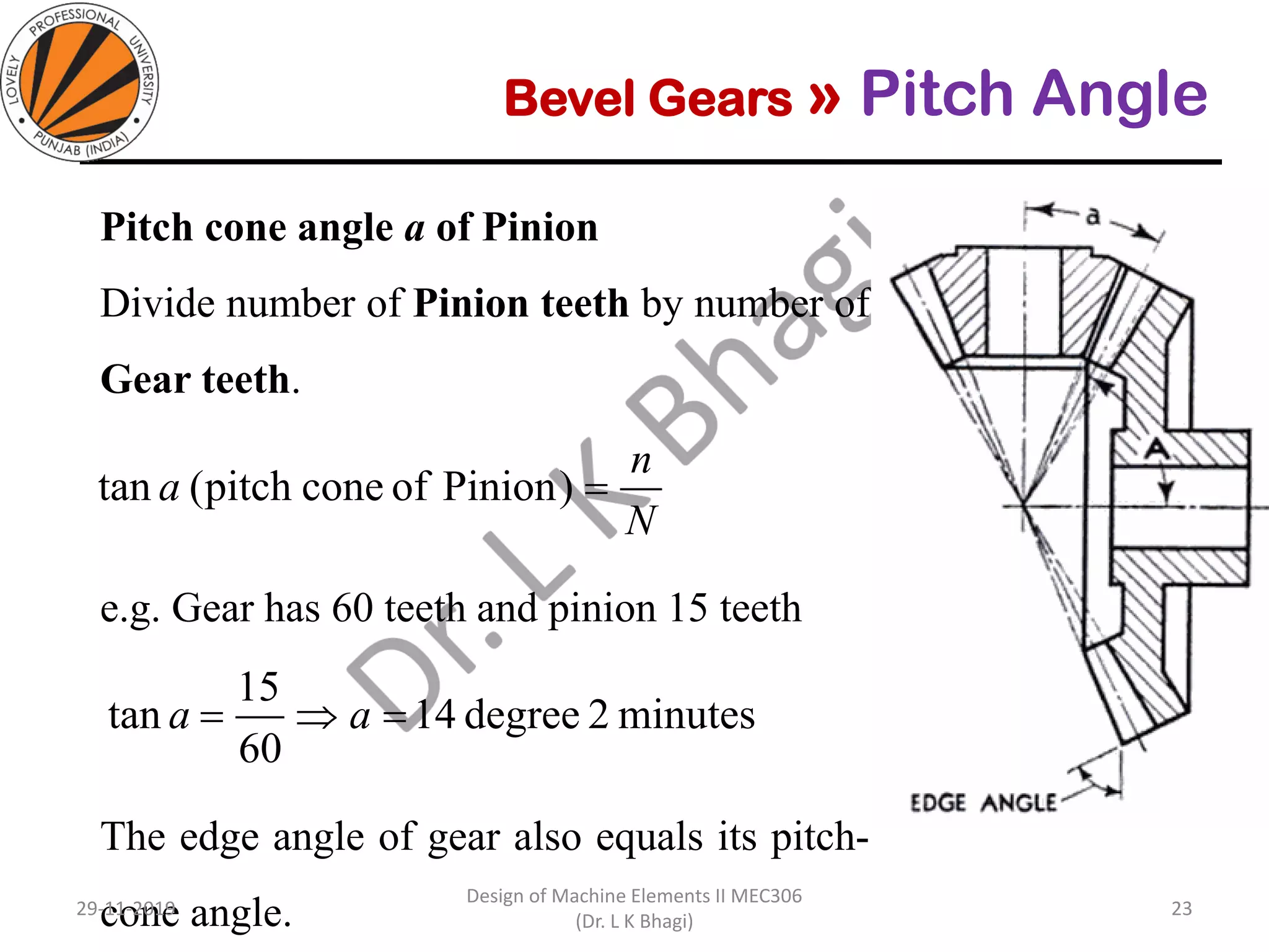 Bevel Gears » Pitch Angle
Pitch cone angle a of Pinion
Divide number of Pinion teeth by number of
Gear teeth.
e.g. Gear has 60 teeth and pinion 15 teeth
The edge angle of gear also equals its pitch-
cone angle.29-11-2019
Design of Machine Elements II MEC306
(Dr. L K Bhagi)
23
N
n
a =)Pinionofconepitch(tan
minutes2degree14
60
15
tan == aa
 