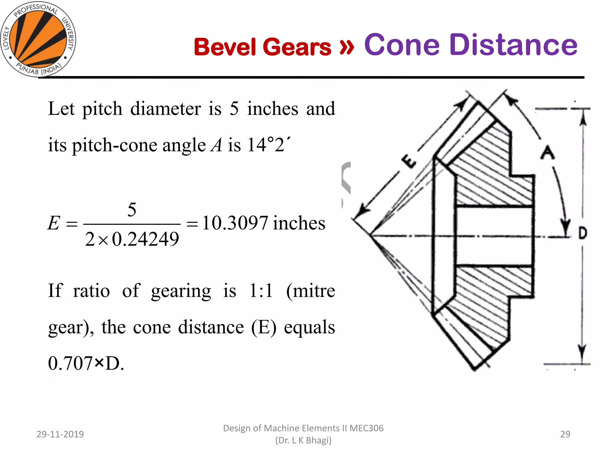 Bevel Gears » Cone Distance
Let pitch diameter is 5 inches and
its pitch-cone angle A is 14°2´
If ratio of gearing is 1:1 (mitre
gear), the cone distance (E) equals
0.707×D.
29-11-2019
Design of Machine Elements II MEC306
(Dr. L K Bhagi)
29
inches3097.10
24249.02
5
=

=E
 
