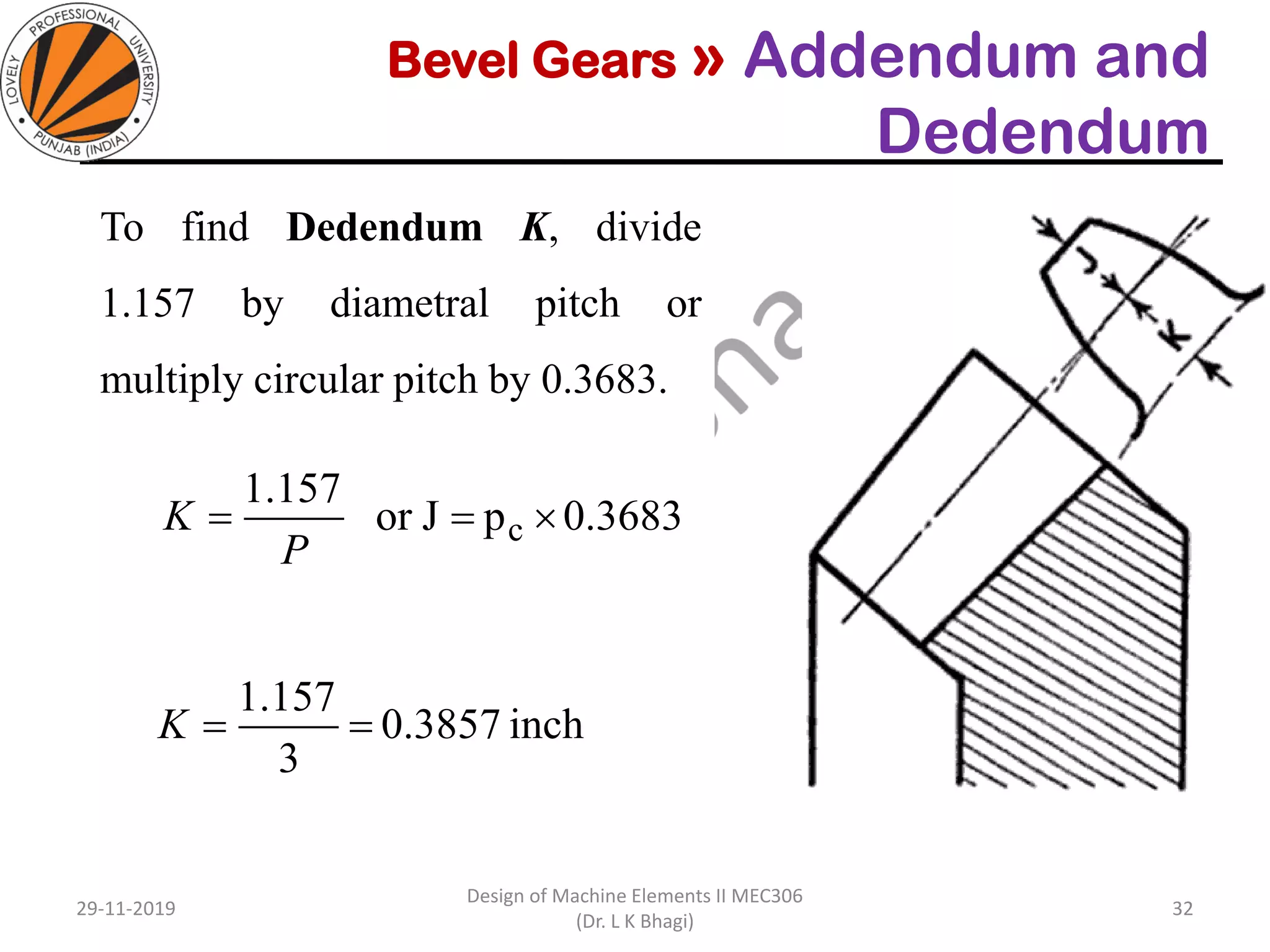 Bevel Gears » Addendum and
Dedendum
To find Dedendum K, divide
1.157 by diametral pitch or
multiply circular pitch by 0.3683.
29-11-2019
Design of Machine Elements II MEC306
(Dr. L K Bhagi)
32
3683.0pJor
157.1
c ==
P
K
inch3857.0
3
157.1
==K
 