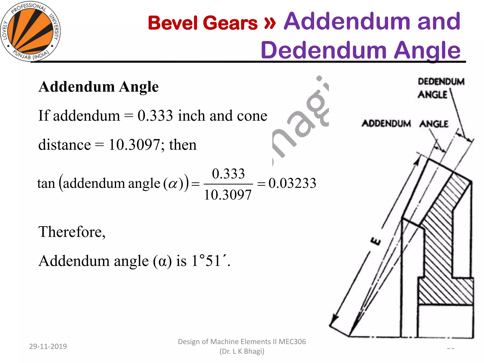Bevel Gears » Addendum and
Dedendum Angle
Addendum Angle
If addendum = 0.333 inch and cone
distance = 10.3097; then
Therefore,
Addendum angle (α) is 1°51´.
29-11-2019
Design of Machine Elements II MEC306
(Dr. L K Bhagi)
36
( ) 0.03233
10.3097
0.333
)(angleaddendumtan ==
 