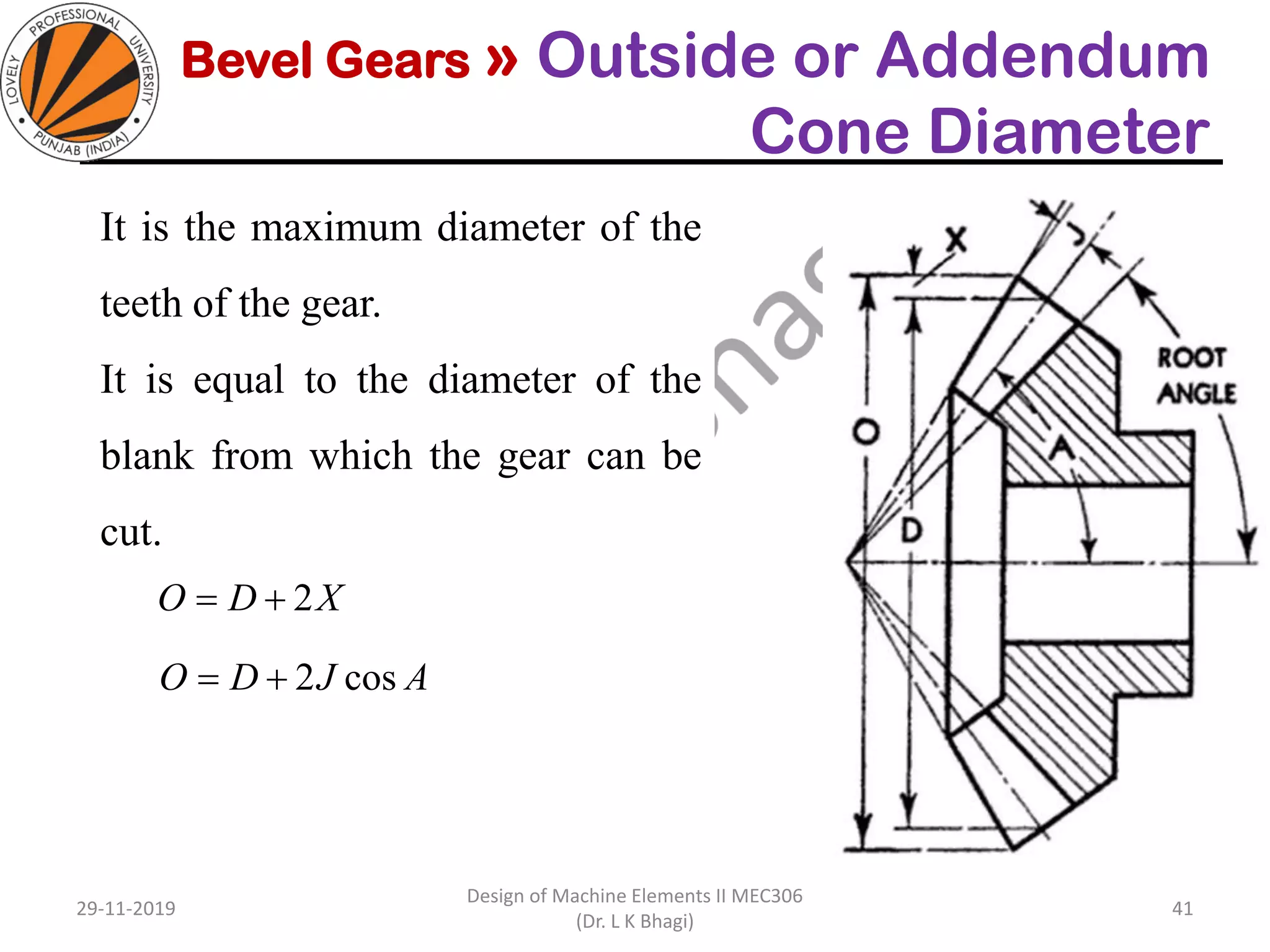 Bevel Gears » Outside or Addendum
Cone Diameter
It is the maximum diameter of the
teeth of the gear.
It is equal to the diameter of the
blank from which the gear can be
cut.
29-11-2019
Design of Machine Elements II MEC306
(Dr. L K Bhagi)
41
XDO 2+=
AJDO cos2+=
 