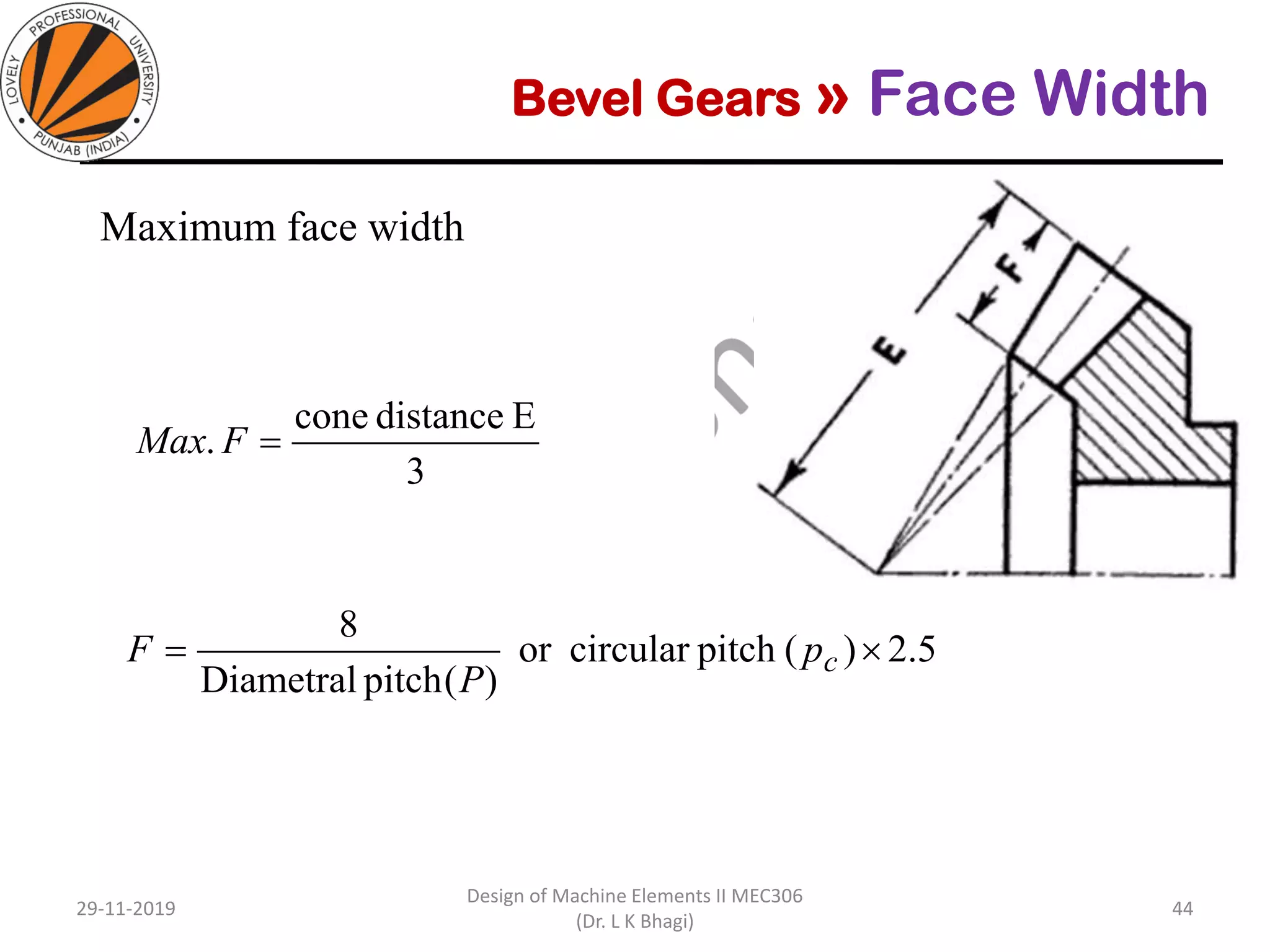 Bevel Gears » Face Width
Maximum face width
29-11-2019
Design of Machine Elements II MEC306
(Dr. L K Bhagi)
44
3
Edistancecone
. =FMax
2.5)(pitchcircularor
)(pitchDiametral
8
= cp
P
F
 