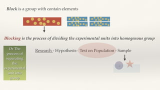 Block is a group with contain elements
Blocking is the process of dividing the experimental units into homogenous group
Research - Hypothesis- Test on Population - Sample
+
Or The
process of
separating
the
experimental
unit into
group
 