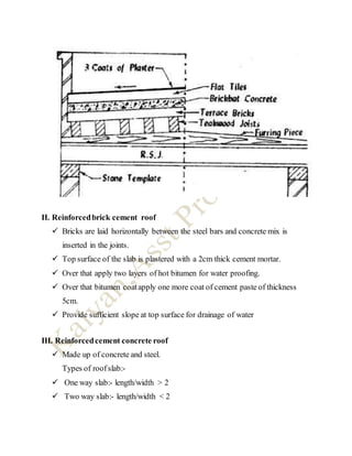 II. Reinforcedbrick cement roof
 Bricks are laid horizontally between the steel bars and concrete mix is
inserted in the joints.
 Top surface of the slab is plastered with a 2cm thick cement mortar.
 Over that apply two layers of hot bitumen for water proofing.
 Over that bitumen coatapply one more coat of cement paste of thickness
5cm.
 Provide sufficient slope at top surface for drainage of water
III. Reinforcedcement concrete roof
 Made up of concrete and steel.
Types of roofslab:-
 One way slab:- length/width > 2
 Two way slab:- length/width < 2
 