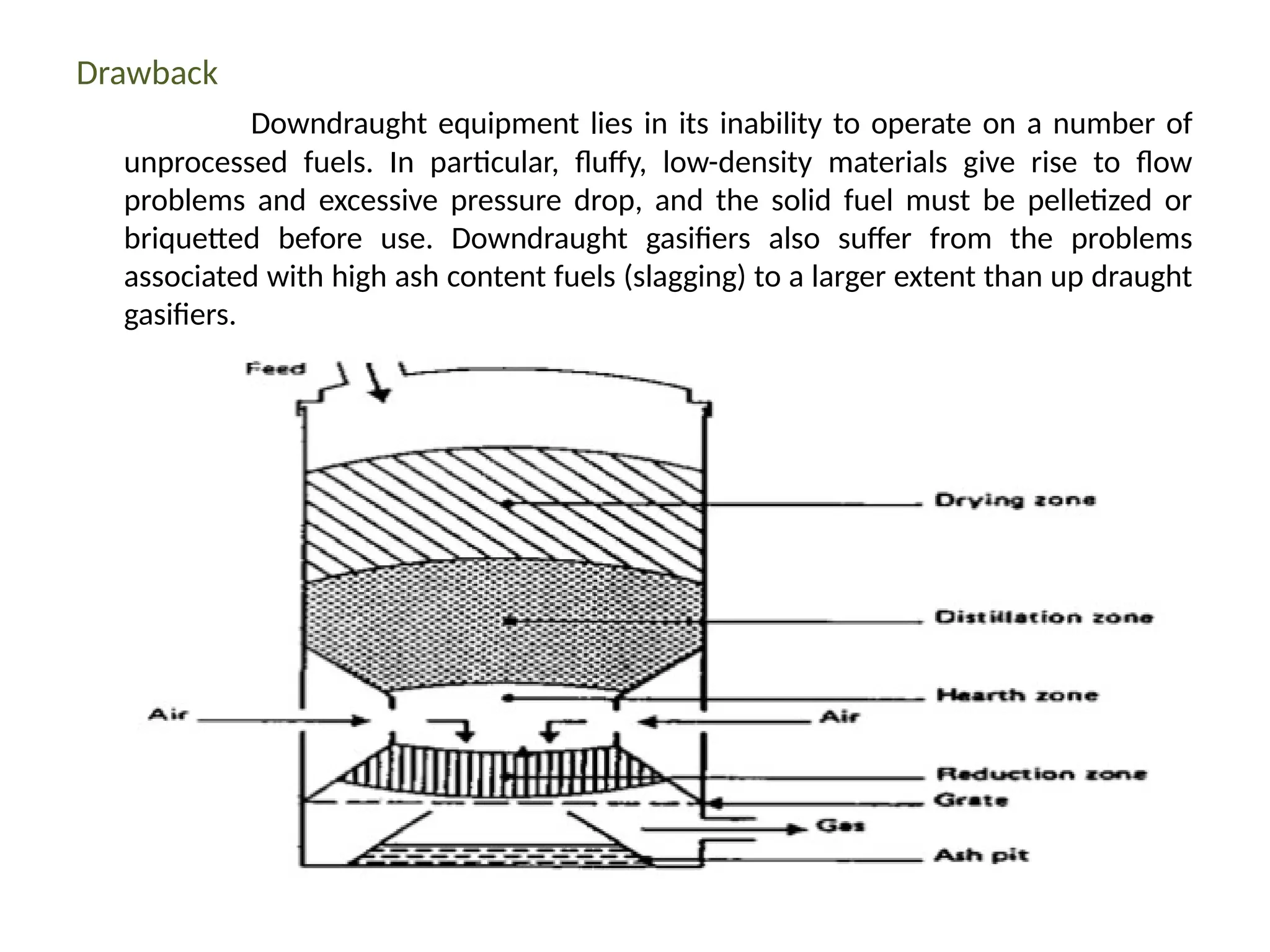 Drawback
Downdraught equipment lies in its inability to operate on a number of
unprocessed fuels. In particular, fluffy, low-density materials give rise to flow
problems and excessive pressure drop, and the solid fuel must be pelletized or
briquetted before use. Downdraught gasifiers also suffer from the problems
associated with high ash content fuels (slagging) to a larger extent than up draught
gasifiers.
 