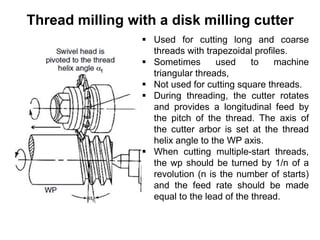 Thread milling with a disk milling cutter
 Used for cutting long and coarse
threads with trapezoidal profiles.
 Sometimes used to machine
triangular threads,
 Not used for cutting square threads.
 During threading, the cutter rotates
and provides a longitudinal feed by
the pitch of the thread. The axis of
the cutter arbor is set at the thread
helix angle to the WP axis.
 When cutting multiple-start threads,
the wp should be turned by 1/n of a
revolution (n is the number of starts)
and the feed rate should be made
equal to the lead of the thread.
 