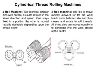 Cylindrical Thread Rolling Machines
2 Roll Machine: Two identical circular
dies with parallel axis are rotated in the
same direction and speed. One stays
fixed in a position the other is moved
radially desirably depending upon the
thread depth
3 Roll machine: one die is move
radially outward for let the work
blank enter between die and then
closes and rotate to roll threads.
All three dies are moved equally in
to penetrate into the work placed
at the centre
 