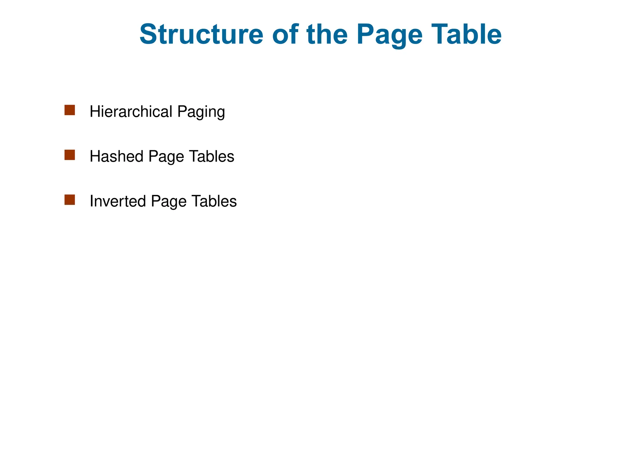 Structure of the Page Table
 Hierarchical Paging
 Hashed Page Tables
 Inverted Page Tables
 