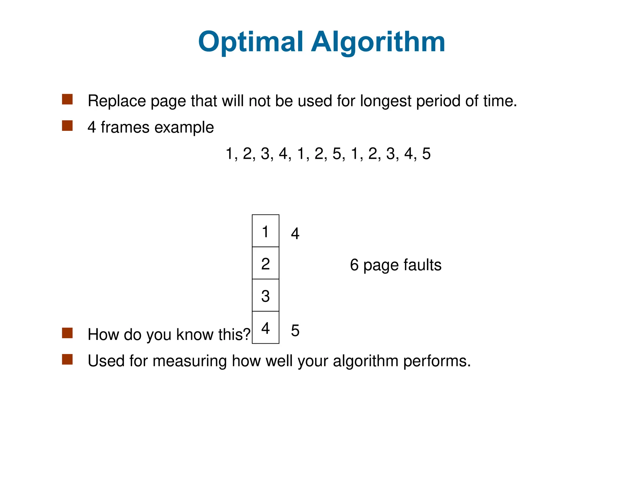 Optimal Algorithm
 Replace page that will not be used for longest period of time.
 4 frames example
1, 2, 3, 4, 1, 2, 5, 1, 2, 3, 4, 5
 How do you know this?
 Used for measuring how well your algorithm performs.
1
2
3
4
6 page faults
4 5
 
