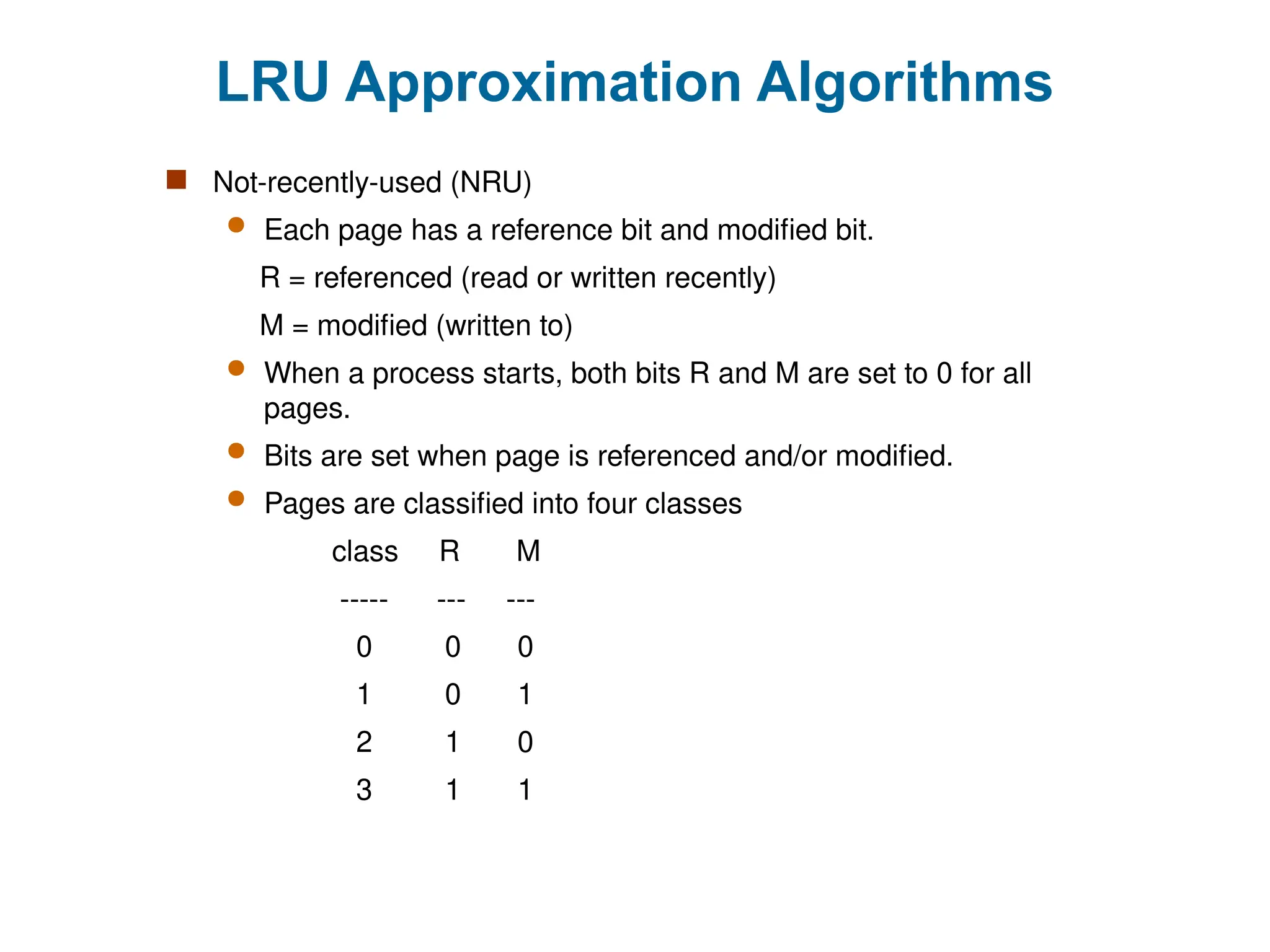 LRU Approximation Algorithms
 Not-recently-used (NRU)
 Each page has a reference bit and modified bit.
R = referenced (read or written recently)
M = modified (written to)
 When a process starts, both bits R and M are set to 0 for all
pages.
 Bits are set when page is referenced and/or modified.
 Pages are classified into four classes
class R M
----- --- ---
0 0 0
1 0 1
2 1 0
3 1 1
 