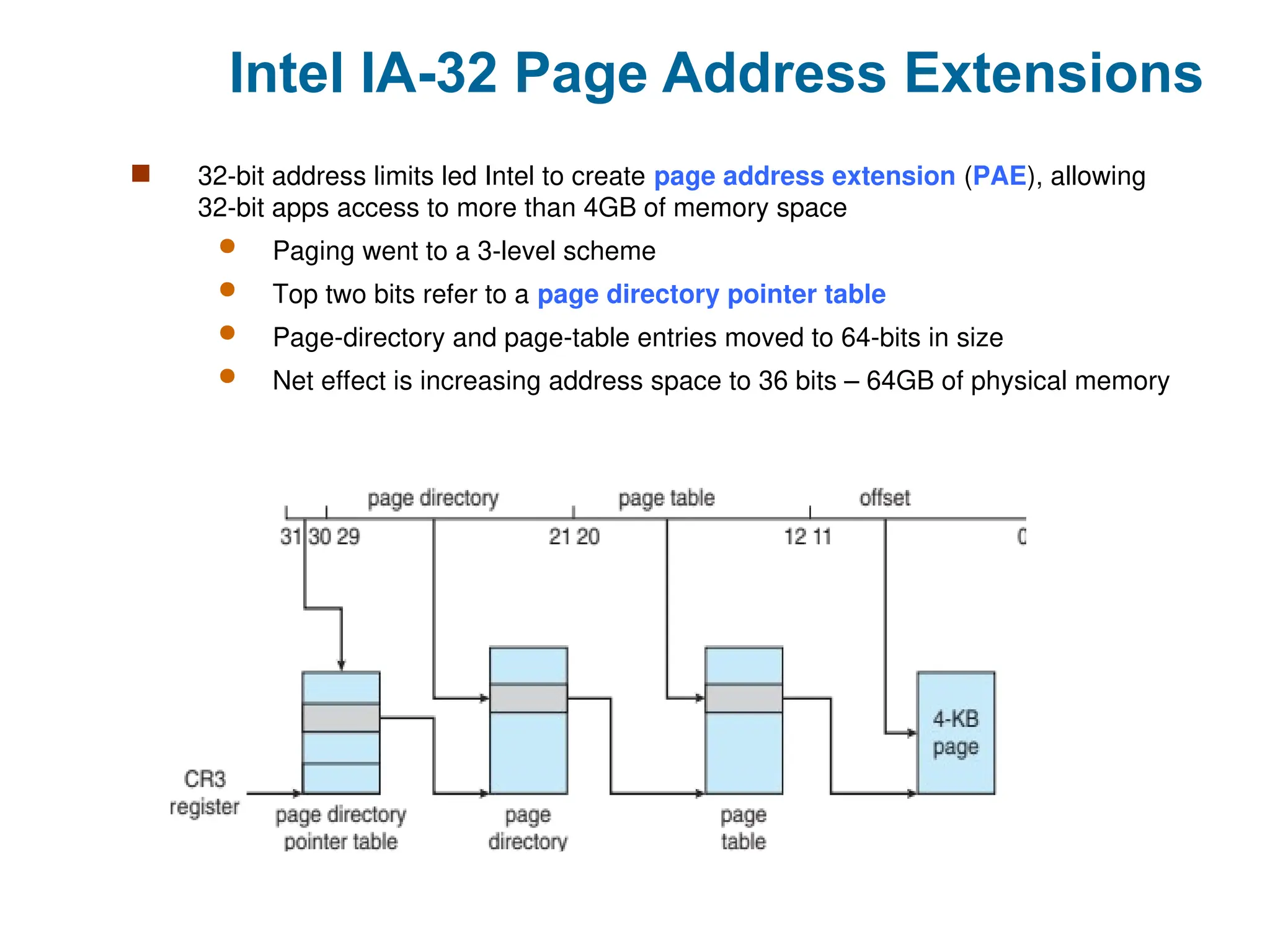 Intel IA-32 Page Address Extensions
 32-bit address limits led Intel to create page address extension (PAE), allowing
32-bit apps access to more than 4GB of memory space
 Paging went to a 3-level scheme
 Top two bits refer to a page directory pointer table
 Page-directory and page-table entries moved to 64-bits in size
 Net effect is increasing address space to 36 bits – 64GB of physical memory
 