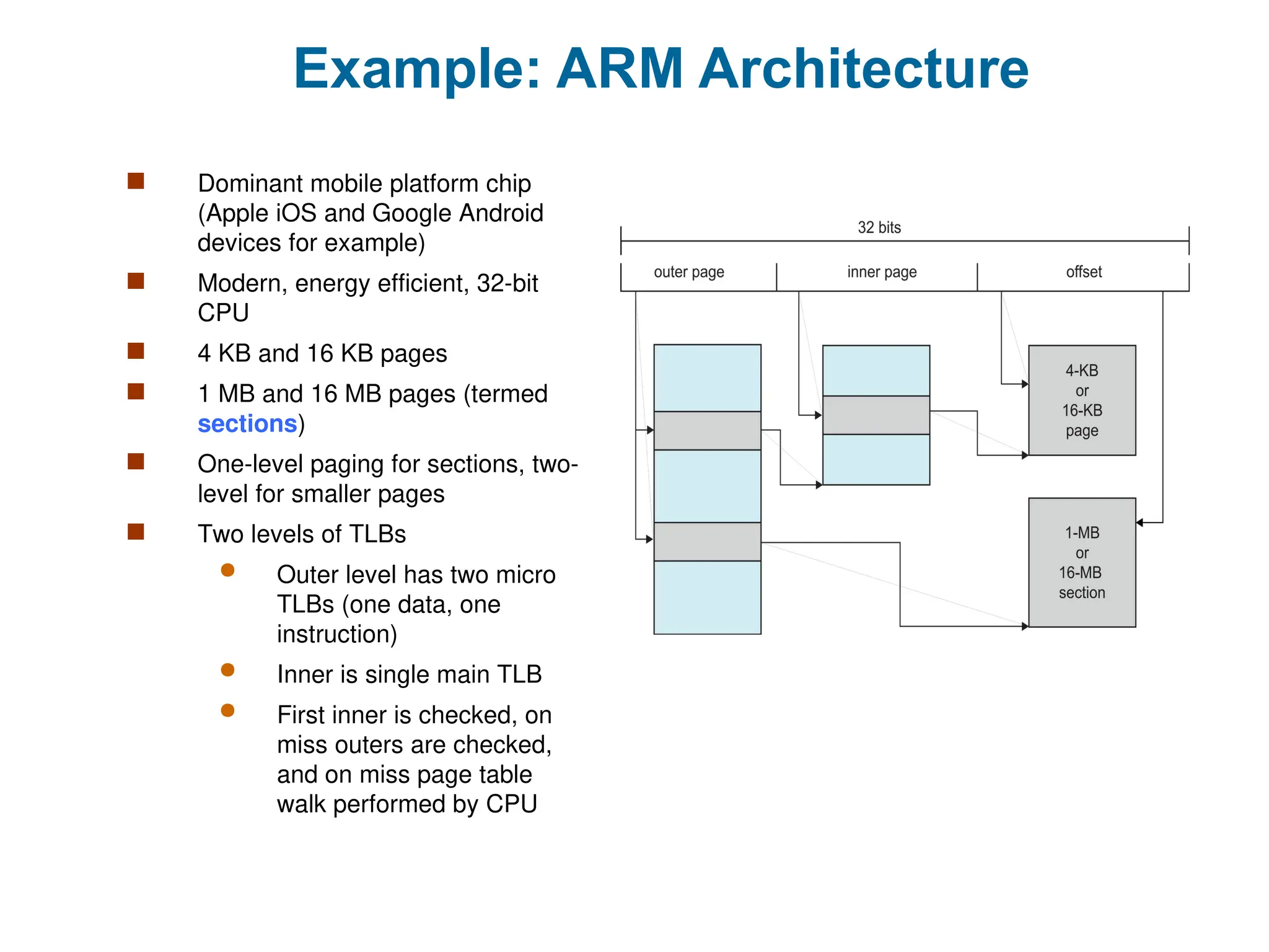 Example: ARM Architecture
 Dominant mobile platform chip
(Apple iOS and Google Android
devices for example)
 Modern, energy efficient, 32-bit
CPU
 4 KB and 16 KB pages
 1 MB and 16 MB pages (termed
sections)
 One-level paging for sections, two-
level for smaller pages
 Two levels of TLBs
 Outer level has two micro
TLBs (one data, one
instruction)
 Inner is single main TLB
 First inner is checked, on
miss outers are checked,
and on miss page table
walk performed by CPU
 