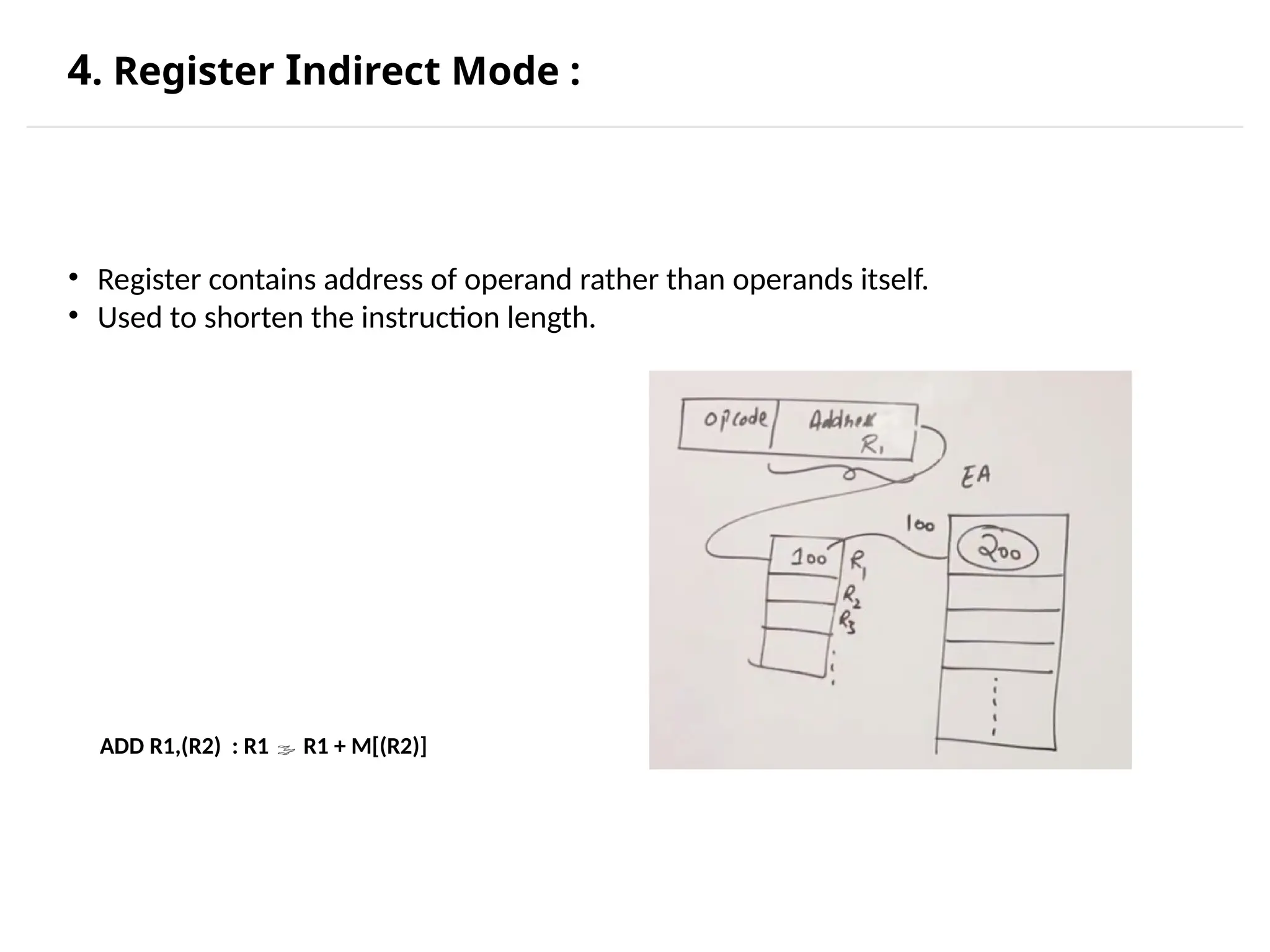 4. Register Indirect Mode : • Register contains address of operand rather than operands itself. • Used to shorten the instruction length. ADD R1,(R2) : R1  R1 + M[(R2)] 