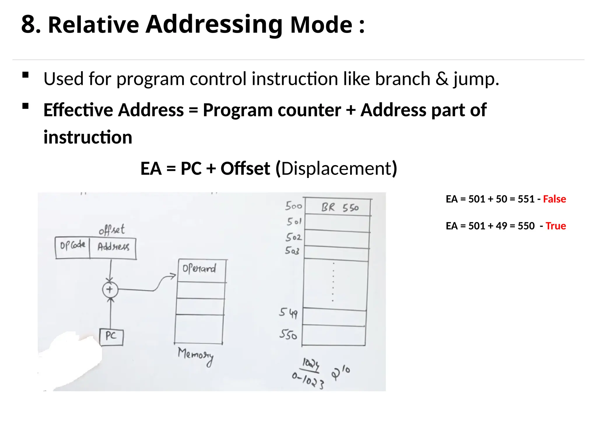 8. Relative Addressing Mode :  Used for program control instruction like branch & jump.  Effective Address = Program counter + Address part of instruction EA = PC + Offset (Displacement) EA = 501 + 50 = 551 - False EA = 501 + 49 = 550 - True 
